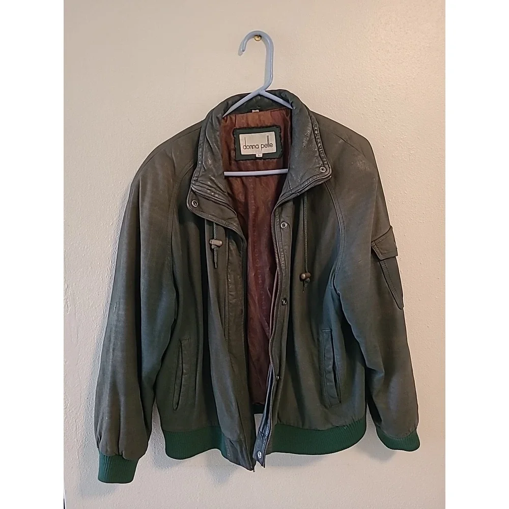 VTG Donna Pelle Men Large Green Genuine Leather Bomber Jacket Pockets Zipper